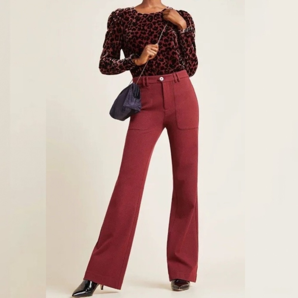 Anthropologie The Essential Trousers Twill Flare Womens Size 2 Maroon Burgundy